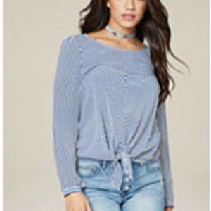 Bebe Blue and White Striped Double Knot Top XXS